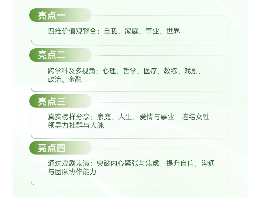 课程内容 · 增强女性优势：共情、戏剧沟通、关系边界 · 突破女性短板：压力与韧性、理性决策、世界观 · 家庭影响力：关系边界、教练式对话、健康管理、生命哲学 · 卓越领导力：女性领导力、多元共融管理 · 社会影响力：与杰出女性对话、香港女性领导力协会交流
