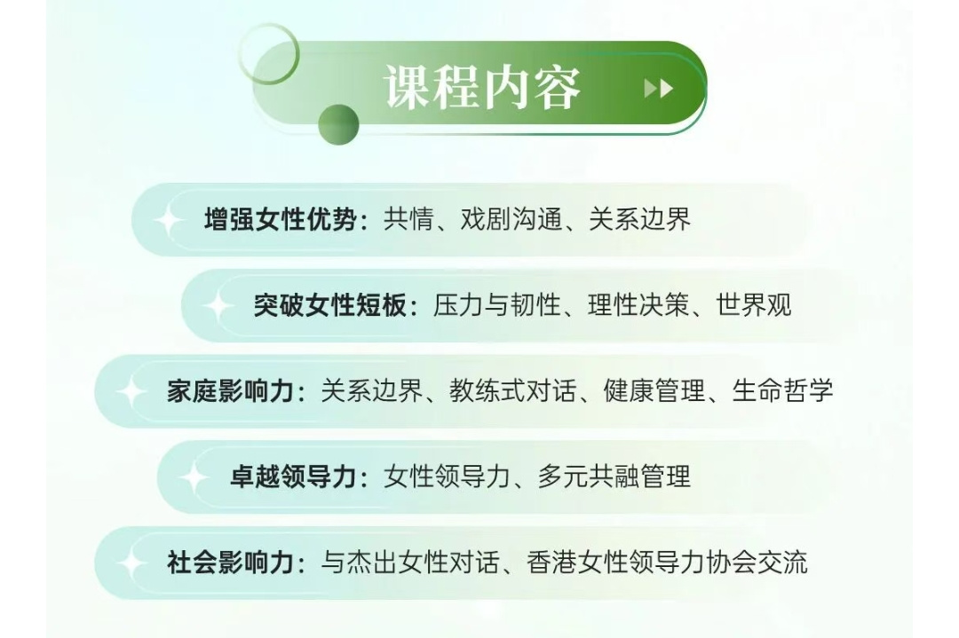 亮点一｜ 四维价值观整合：自我、家庭、事业、世界 亮点二｜ 跨学科及多视角：心理、哲学、医疗、教练、戏剧、政治、金融 亮点三｜ 真实榜样分享：家庭、人生、爱情与事业，连结女性领导力社群与人脉 亮点四｜ 通过戏剧表演：突破内心紧张与焦虑，提升自信，沟通与团队协作能力