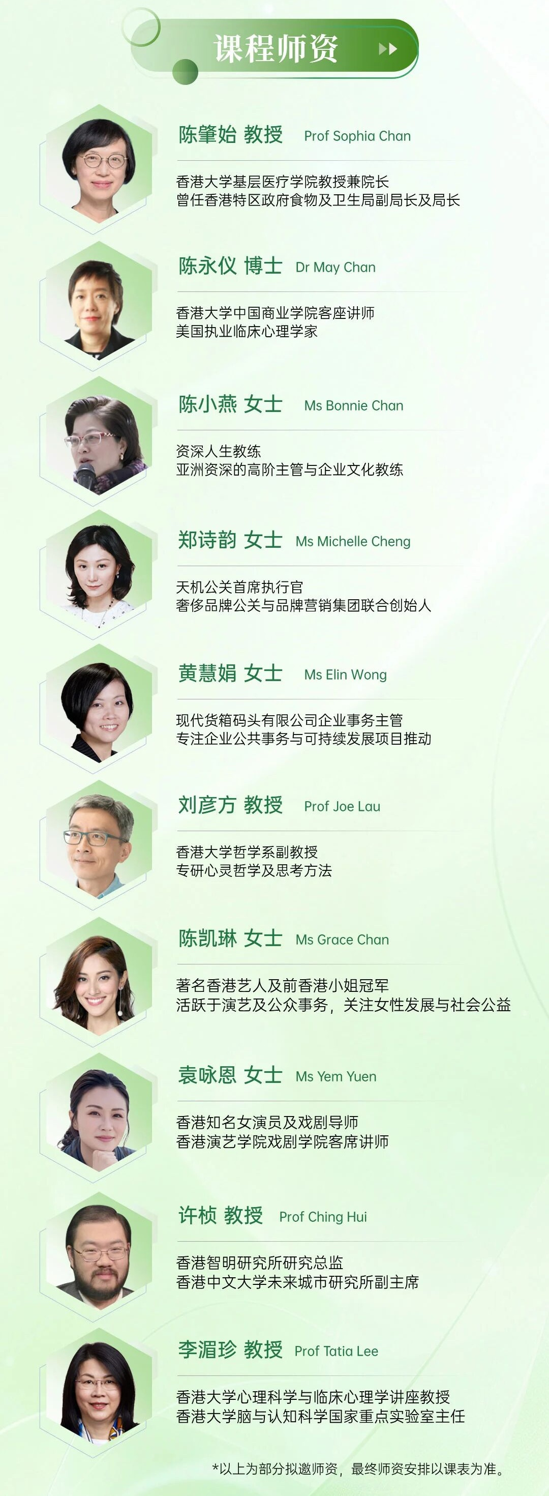   陈肇始教授 Prof. Sophia Chan 香港大学基层医疗学院教授兼院长 曾任香港特区政府食物及卫生局副局长及局长	  陈永仪博士 Dr. May Chan 香港大学中國商業學院客座讲师 美国执业临床心理学家      陳博妮 Bonnie Chan 资深人生教练 亚洲资深的高阶主管与企业文化教练	  郑诗韵 Michelle Cheng 天机公关首席执行官 奢侈品牌公关与品牌营销集团联合创始人     黄慧娟 Elin Wong 现代货箱码头有限公司企业事务主管 专注企业公共事务与可持续发展项目推动	   刘彦方教授 Prof. Joe Lau 香港大学哲学系副教授 专研心灵哲学及思考方法     陈凯琳 Grace Chan  著名香港艺人及前香港小姐冠军 活跃于演艺及公众事务并关注女性发展与社会公益	  袁咏恩 Yem Yuen 香港知名女演员及戏剧导师 香港演艺学院戏剧学院客席讲师     许桢教授 Prof. Ching Hui  香港智明研究所研究总监 香港中文大学未来城市研究所副主席	  李湄珍教授 Prof. Tatia Lee 香港大学心理科学与临床心理学讲座教授 香港大学脑与认知科学国家重点实验室主任